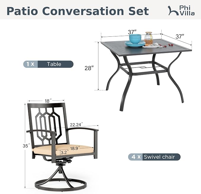 PHI VILLA Patio Dining Set, Swivel Chairs, Square Metal Table | Metal chairs, Hexagon Back Swivel Chair, Umbrella Hole, 360° swivel, rocking, cushioned, E-coated, powder-coated