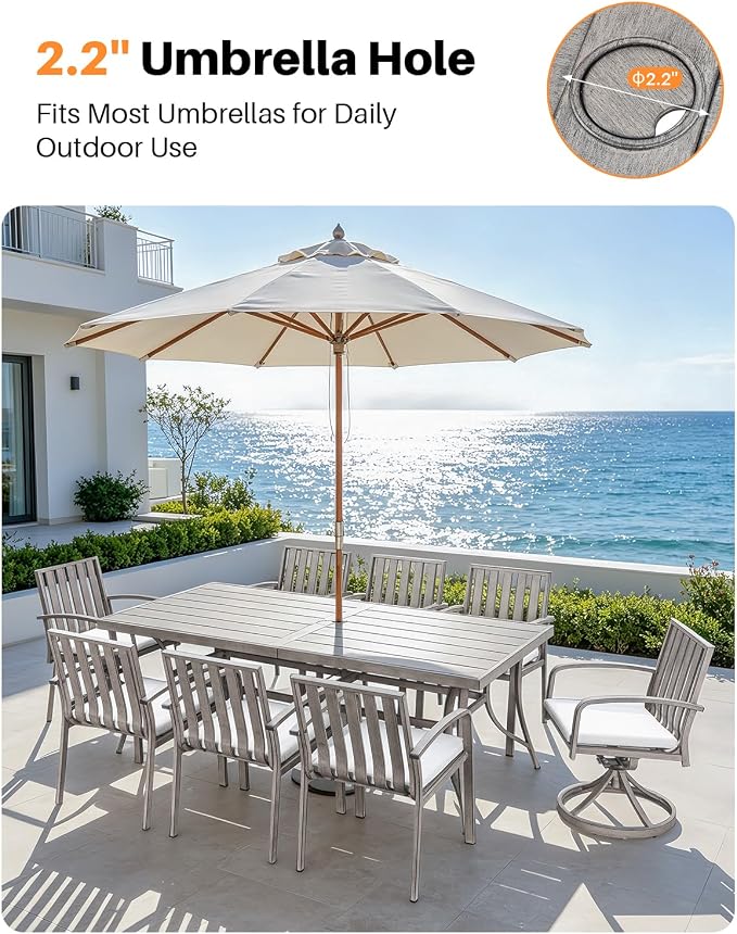 Never-Rust Outdoor Dining Table for 8, Aluminum Patio Dining Table with Umbrella Hole, 84" Rectangle Outdoor Dining Tables for Deck, Backyard, Garden, Poolside, Limed Oak