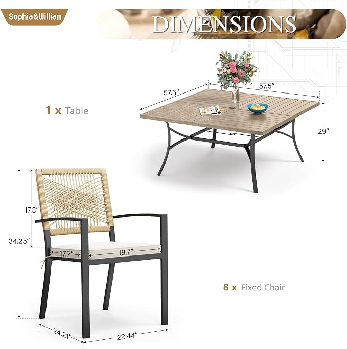 Sophia & William 9pc Patio Dining Set, 57" Square Table, Wicker Chairs | Outdoor Dining Set for 8, 57" Square Wood-like Patio Dining Table Set with Patio Wicker Chairs for Garden, Porch, Deck