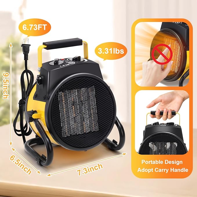 Greenhouse Heater with Thermostat, 1500W Outdoor Heaters for Patio, 3S Fast Heating & 3 Heat Modes, Overheat Protection, Electric Space Heater for Patio, Garage, Greenhouse, Bedroom (Yellow)