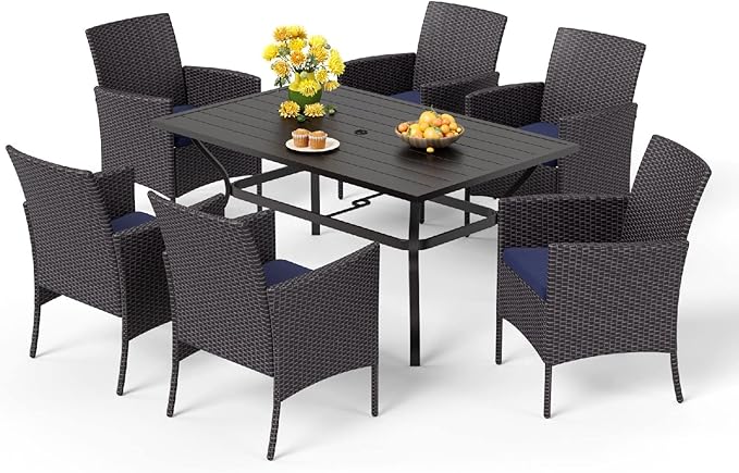 MFSTUDIO 7 Pieces Outdoor Dining Sets for 6, Patio Table and Chairs, Outdoor Rectangular Metal Table with Chairs, Wicker Patio Dining Furniture, Deck, Porch