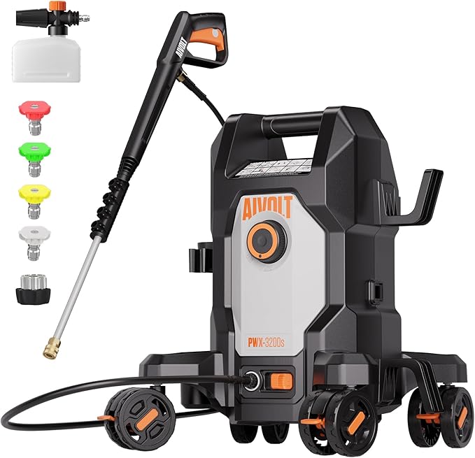 AIVOLT Pressure Washer, Portable Power Washer with Anti-Tipping 4-Wheel Design, 36FT Cable & 25FT Hose, 4 Nozzles, Soap Tank, High Pressure Cleaner Machine for Cars, Driveways, Fences, Patios & Home