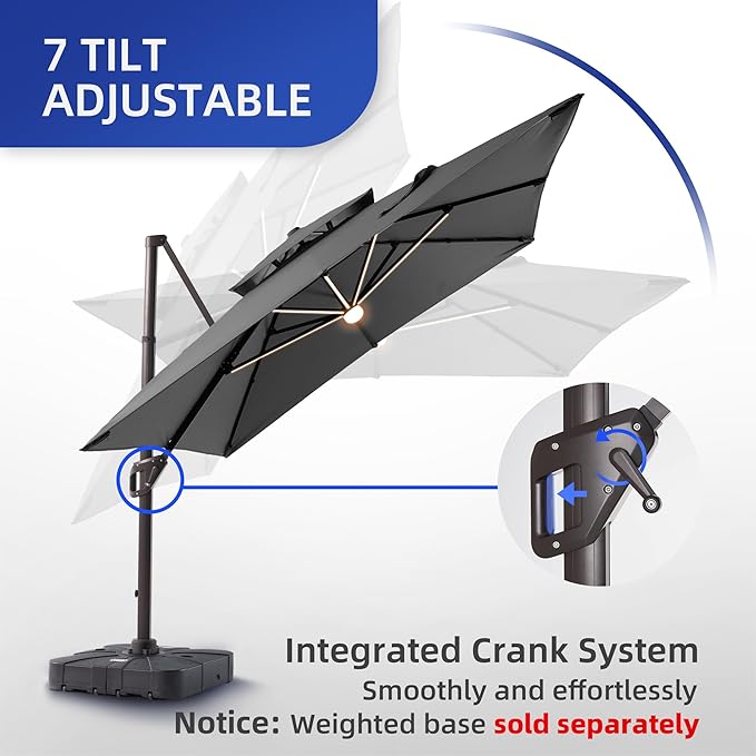 9 X 12 FT Cantilever Outdoor Patio Umbrella with Led Lights Heavy Duty Windproof Double Top Large Rectangle Offset Umbrellas with 360-degree Rotation for Garden Pool Deck Backyard, Grey