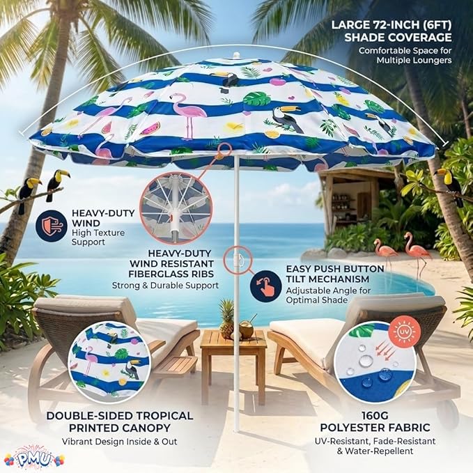 PMU 2 Pcs 6ft Tropical Beach Umbrella – Blue & White Stripes with Flamingo, Toucan & Leaf Print, 72in Open, 160G Polyester, Large Outdoor Patio Pool Parasol Umbrella for Garden, Deck, Backyard & Pool