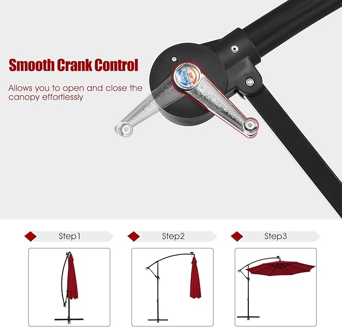 Tangkula 10 Ft Patio Offset Umbrella, 40 LED Lighted Market Umbrella W/8 Sturdy Ribs, Easy Tilt Adjustment & Crank, Polyester Shade, Ideal for Backyard, Garden, Seaside, Store, Pool (Burgundy)