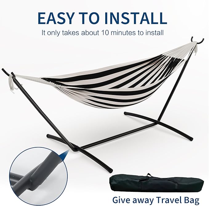 Double Hammock with Heavy Duty Space-Saving Steel Stand for 2 Person - Portable, 450lbs Capacity - Indoor Outdoor Use, Includes Carry Bag - Perfect for Garden, Camping, Beach - Black