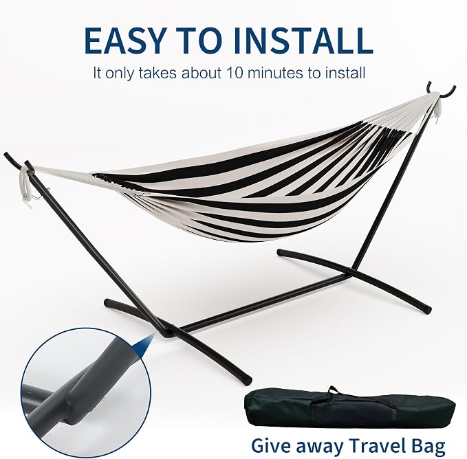 Double Hammock with Foldable Steel Stand and Carry Bag, 450LBS Weight Capacity Indoor Outdoor Standing Hammock, Portable Cotton Hammock for Garden Patio Camping Beach