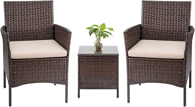 Tuoze Tozey 3 Pieces Patio Furniture PE Rattan Outdoor Conversation Set with Table Backyard Porch Garden Poolside Balcony (Brown),VC700A
