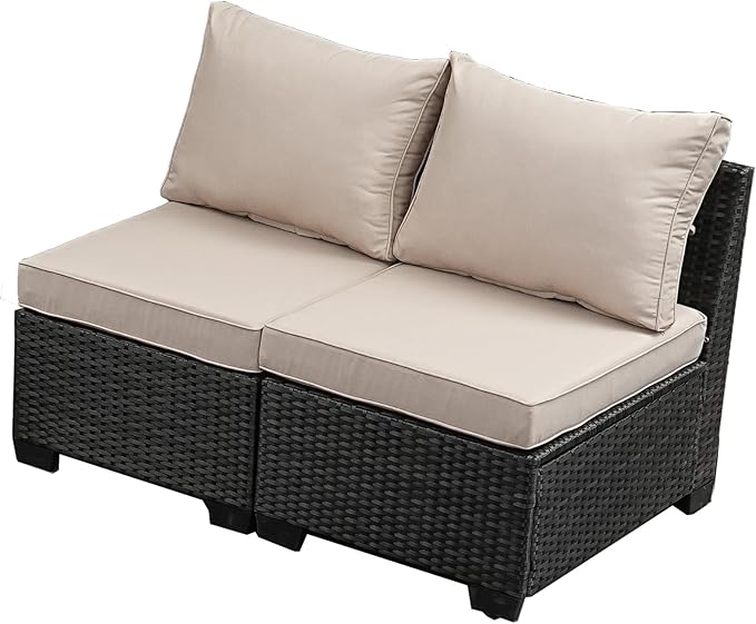 Outdoor Wicker Armless Sofa 2 Pack, Patio Rattan Sectional Sofa Set with Thick Seat Cushions and 2 Back Cushions for Garden, Backyard, Poolside Beige