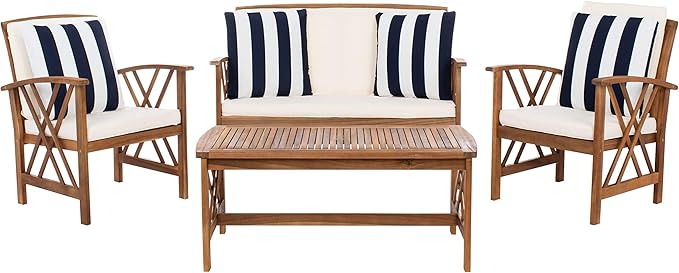 SAFAVIEH Outdoor Collection Fontana Natural/ Beige Cushions/ Thick Stripe Pillows 4-Piece Conversation Patio Set