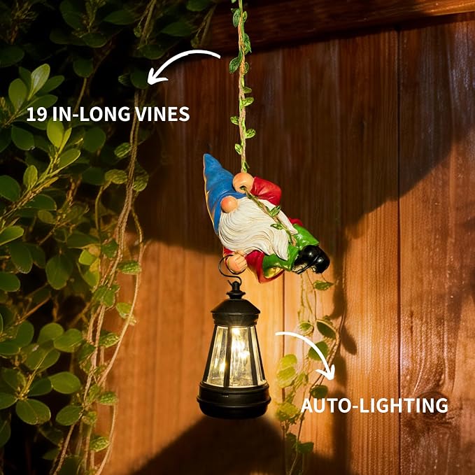 Solar Hanging Gnome Garden Statues Climbing Rope Gnome with LED Lantern | Summer Outdoor Decor Tree Hugger Yard Porch Wall Fence Decoration Mother's Day Birthday Gifts for Mom Women