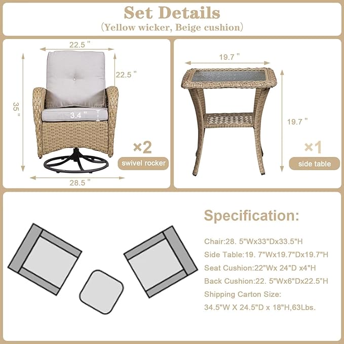 Belord 3PC Patio Furniture Set - Swivel Rocker Chair Bistro Set with Rattan Side Table, Natural Wicker/Beige Cushion