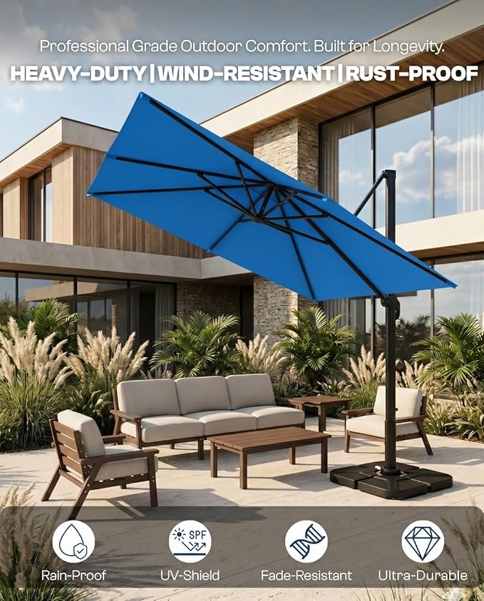 10'×10' Patio Umbrella, Aluminum Cantilever Umbrella with 360°Rotation, Offset Patio Umbrella with Easy Tilt Fade Resistance for Pool Deck Backyard, Royal Blue (Base not Included)