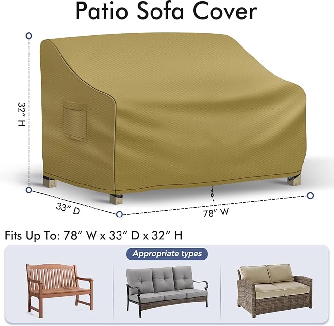 Richwon Outdoor Couch Cover Waterproof, 3-Seater Outdoor Sofa Cover, Patio Furniture Covers with Air Vent and Handles, 78W x 33D x 32H Inches, Khaki