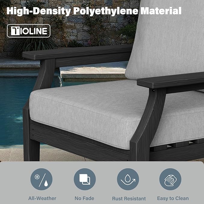 HDPE Patio Conversation Set, 6-Piece All Weather Outdoor Furniture Set with 2 Single Armchairs for Deck, Lawn, with Cushion, Black