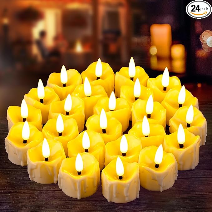 24 Pack LED Timer Tea Lights Battery Operated, Flameless Flickering Electric Timer Votive Candles, Small LED Flicker Fake Tealight Candle Bulk for Christmas Party Halloween Pumpkin Decorations