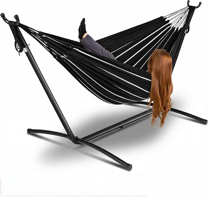 Double 2 Person Hammock with Heavy Duty Steel Stand, Indoor Outdoor Hammock with Carry Bag, 450LBS Weight Capacity, Space Saving Hammock for Garden Patio Camping Beach