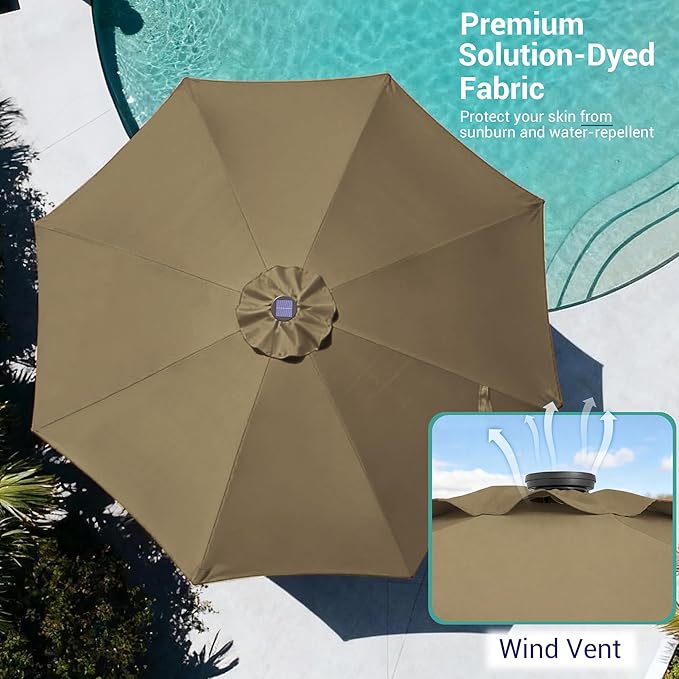9ft Patio Umbrella Outdoor with Solar Lights,32 LED Lighted Table Market Umbrella with Tilt and Crank, 2-Year-Non-Fading, 8 Sturdy Ribs,for Pool, Deck, Garden,Backyard
