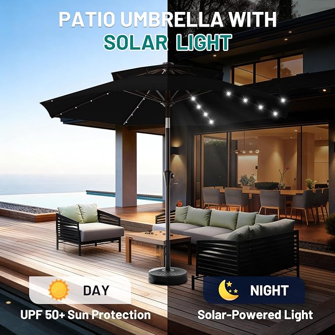 AreShark 9ft 2 Tiers Patio Umbrella with Solar Lights, Outdoor Umbrella w/ 32 LED Lights&8 Sturdy Ribs, Table Umbrella for Deck, Backyard, Pool(Black)