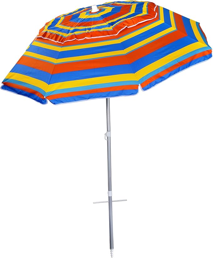 6.5 ft Beach Umbrella with Sand Anchor & Tilt Mechanism - Heavy Duty Wind Resistant UV 50+ Portable, Outdoor Folding Umbrella for Beach, Pool, Patio, GardenProtection Fits in a large Suitcase for Patio Garden Beach Pool Backyard, Blue Multi Stripe CH-1504