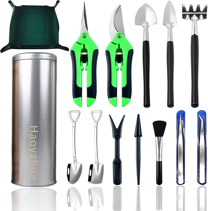 14-Piece Succulent Tool Set with Pruning Shears, Houseplant Repotting Mat & Transplanting Tools for Indoor Care, Miniature Fairy Gardening, Bonsai Cactus Potting - Mini Shovel, Hand Tools Kit with Bag