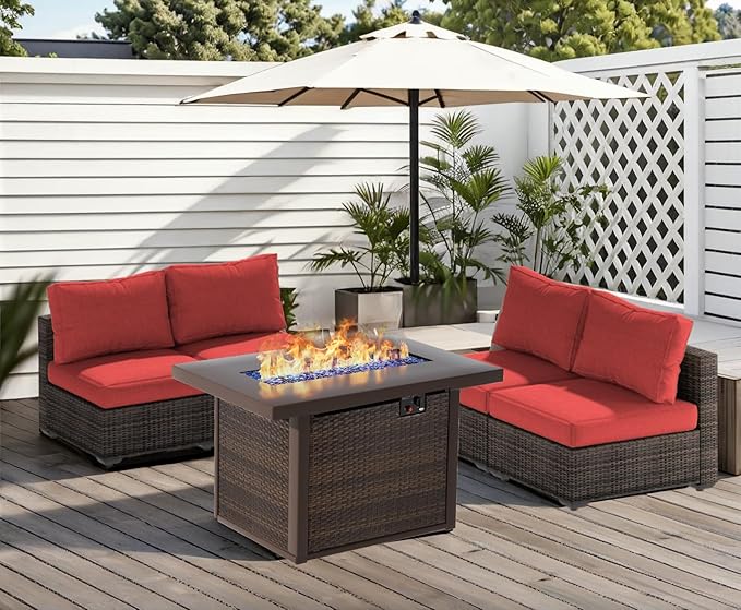 Patio Furniture Set Fire Pit Table 9 Piece All Weather PE Rattan Outdoor Sectional Sofa Couch with 8 x armless Sofa, No-Slip Cushions for Garden, Poolside, Backyard (Red)