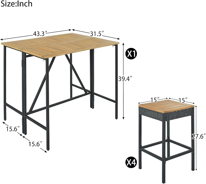 5-Piece Outdoor Patio Wicker Bar Set,PE Rattan Wicker High-Dining Bistro Set with 4 Square Stools and 1 Acacia Wood Table with Foldable Tabletop