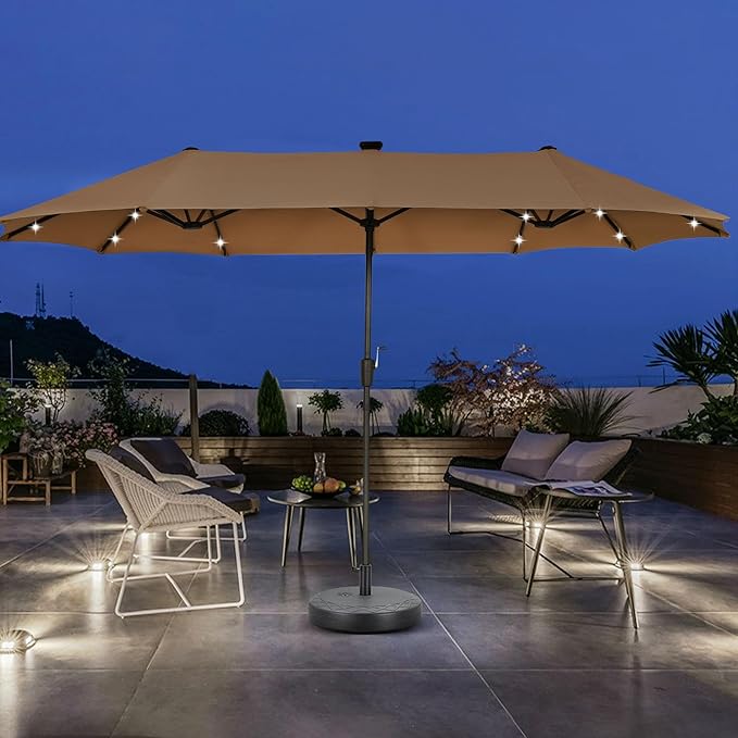 13 ft Patio Umbrella with 36 LED Lights, Large Rectangle Outdoor Solar Umbrella with Matching Base, Strap, Crank, Coffee