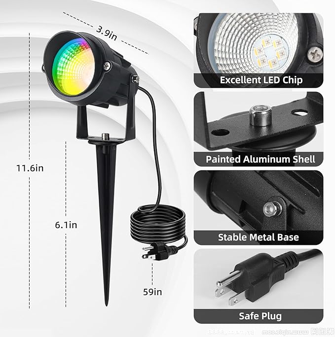 Christmas Spotlights Outdoor, 12W RGB Color Changing Landscape Lighting 120V Waterproof Spotlight with Plug & Remote for House Garden Path Tree Patio Lawn Decoration （2 Pack