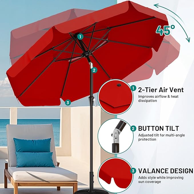 AreShark 9ft 2-Tier Patio Umbrella with Valance - Outdoor Umbrella Waterproof UV Protection, Market Table Umbrella w/Push Button Tilt&Crank for Pool, Porch, Garden(Red)