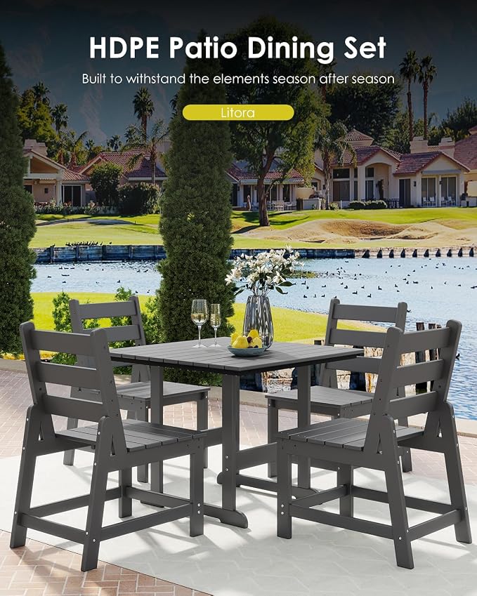 GREENVINES 5-Piece-Outdoor-Dining-Set | HDPE | Square | Patio Furniture | All Weather | Armless Chair | Slatted Table and Chairs Sets for 4 | for Backyard Poolside Garden | Grey