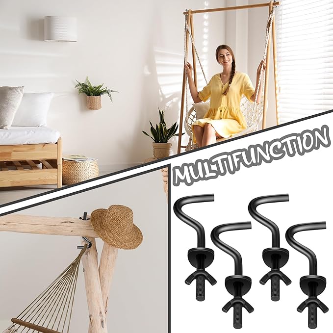Gisafai 4 Packs Hammock Hooks Zinc Heavy Duty Replacement Hooks 3/8 Inch Portable Hammock Fit Column Diameters of 1-1/4 to 2 Inches Stand Accessories(Black)