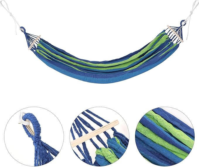 Extra Wide Canvas Striped Camping Hammock with Anti-tip Duckbill Buckle, 2-Person Outdoor Travel Garden Backyard Hanging Hammock for Hiking Backpacking