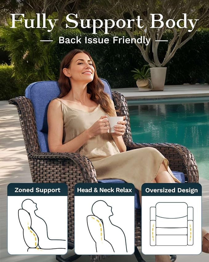 High Back Outdoor Furniture with Extra Thick Cushion Patio Swivel Rocking Chairs, Comfort 3-Seat Sofa, 8PCS Oversized Wicker Conversation Set for Porch, Deck, Yard in Blue