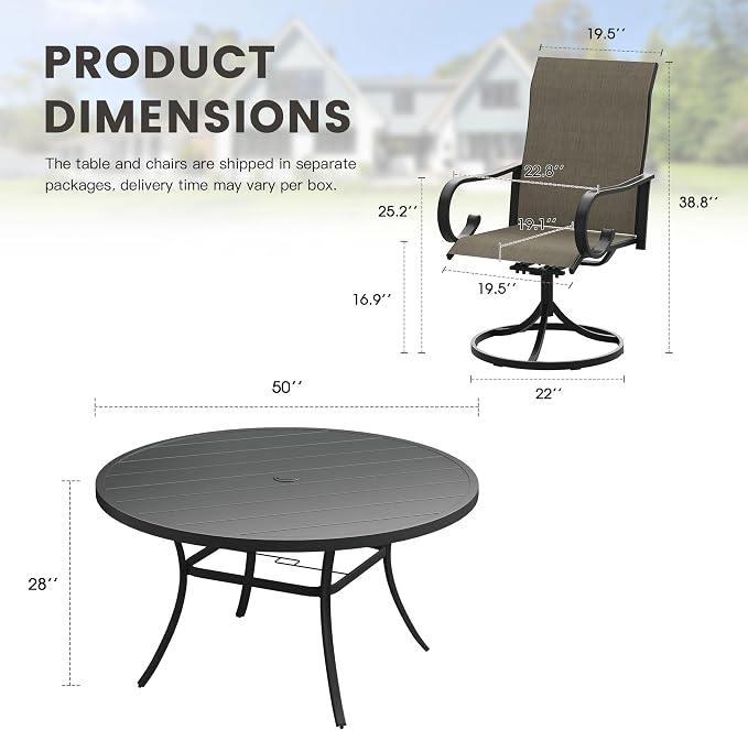 7 Pieces Patio Dining Set, 6 Outdoor Swivel Dining Chairs with 50" Round Metal Outdoor Dining Table with Umbrella Hole for Garden Backyard Deck, Mixed Brown & Black