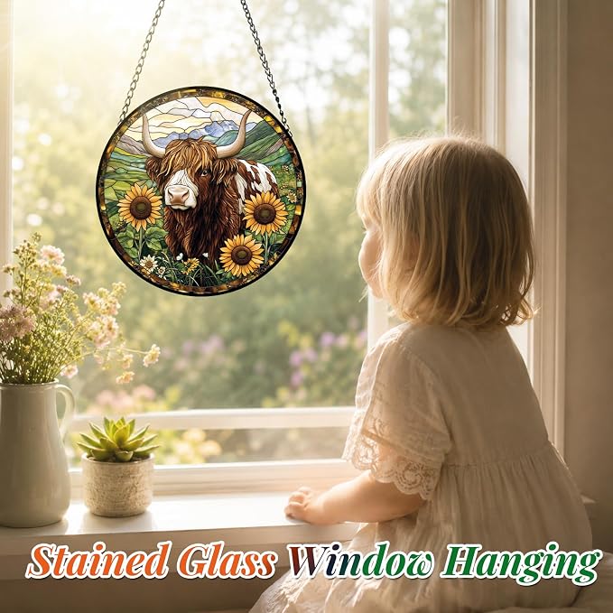 Highland Cow Stained Glass Suncatcher Window Hanging Gifts for Women Men | 7.8in Garden Sun Catcher, Cow Sunflowers Ornament for Windows Door Home, Mother's Day Birthday Gifts for Animal Lovers