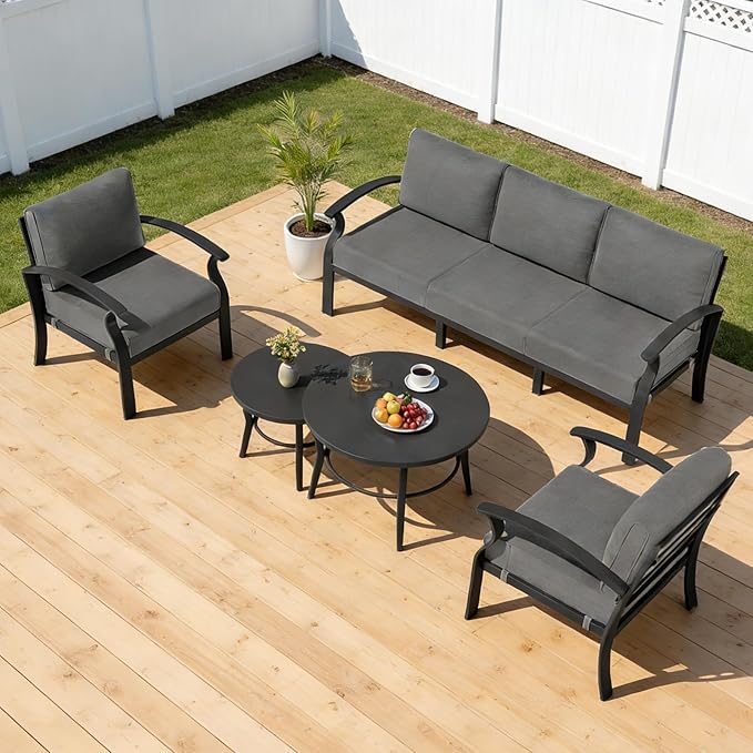 Aluminum Outdoor Patio Furniture Set,5 Seats Patio Conversation Sets with 2 Round Coffee Tables,Metal Patio Sectional Furniture Set with 5.1" Thickened Cushions,Grey