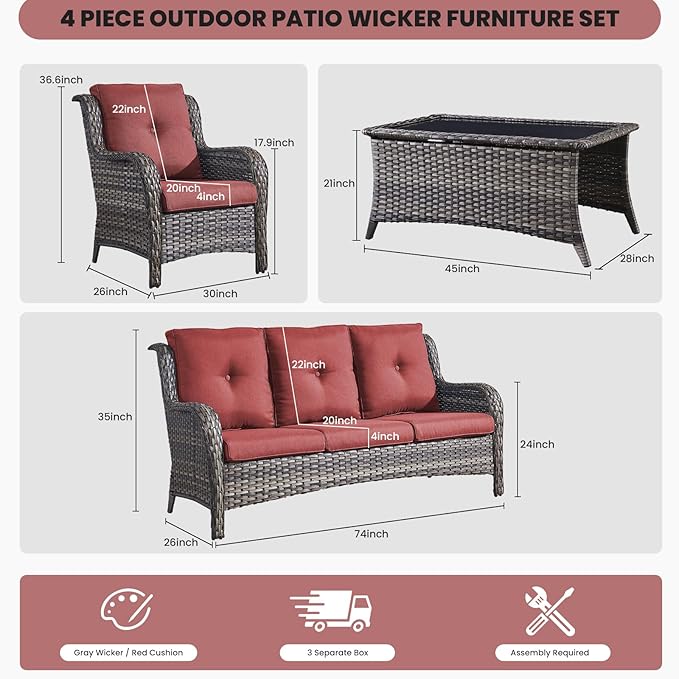 Belord Patio Wicker Furniture 4 Pieces Outdoor Furniture Set Patio Sofa Set with Wicker Chairs and Coffee Table, Paito Conversation Set for Porch Garden Deck Balcony Poolside Grey Red