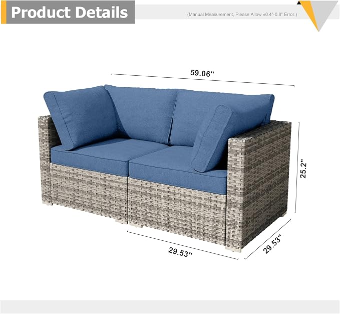Weaxty 2 Pieces Patio Furniture Sets Corner Seats, Wicker Outdoor Sectional Sofa with Thicken Cushion, Patio Conversation Couch Set for Porch, Balcony,Yard, Poolside, Denim Blue