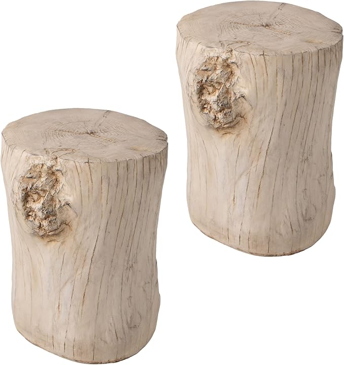 SUNBURY 15" W Stump Side Table Set of 2, Concrete Side Table Coffee Log, Beige Stool Prop Plant Stand Holder for Garden Household Living Room