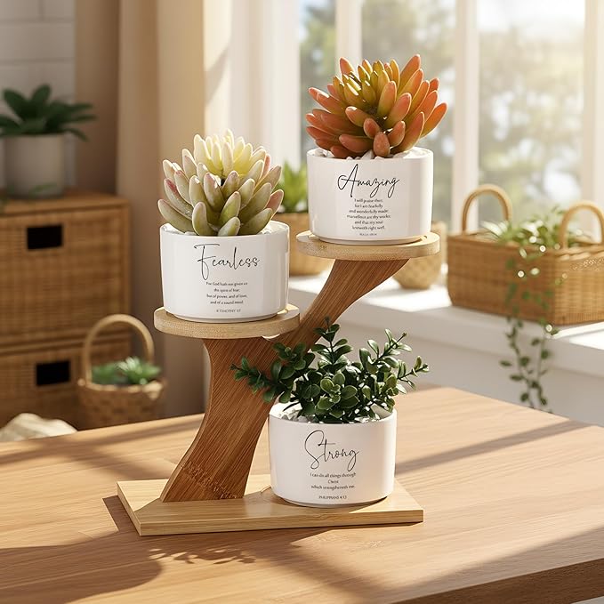 Yalikop 3 Pcs Bible Verse Succulent Pots with 3 Tier Bamboo Stand, Easy Assembly Christian Religious Gifts 3 x 2 in Inspirational Mini Ceramic Flower Planter for Mother's Father's Day Home Decor