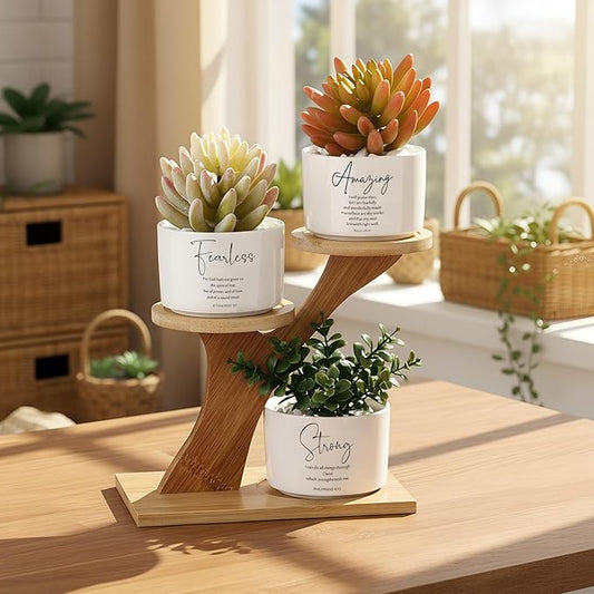Yalikop 3 Pcs Bible Verse Succulent Pots with 3 Tier Bamboo Stand, Easy Assembly Christian Religious Gifts 3 x 2 in Inspirational Mini Ceramic Flower Planter for Mother's Father's Day Home Decor