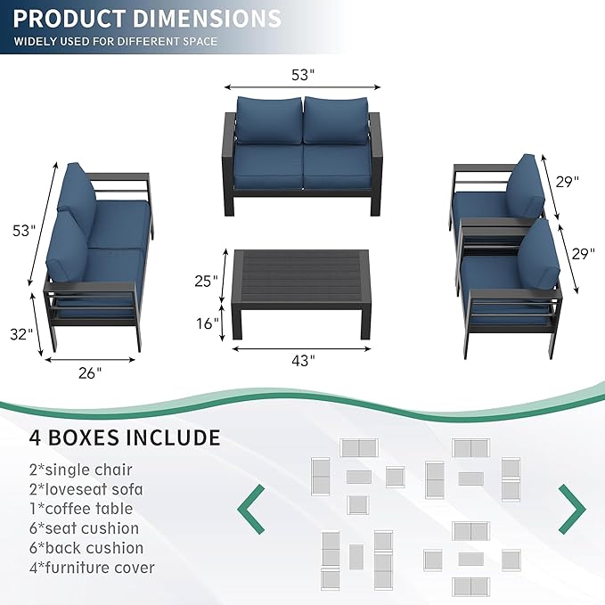 Amopatio Aluminum Patio Furniture Set, 7 Pieces Modern Patio Conversation Sets, Outdoor Sectional Metal Sofa with Coffee Table for Balcony, Garden, Dark Grey&Blue (Included Waterproof Covers)