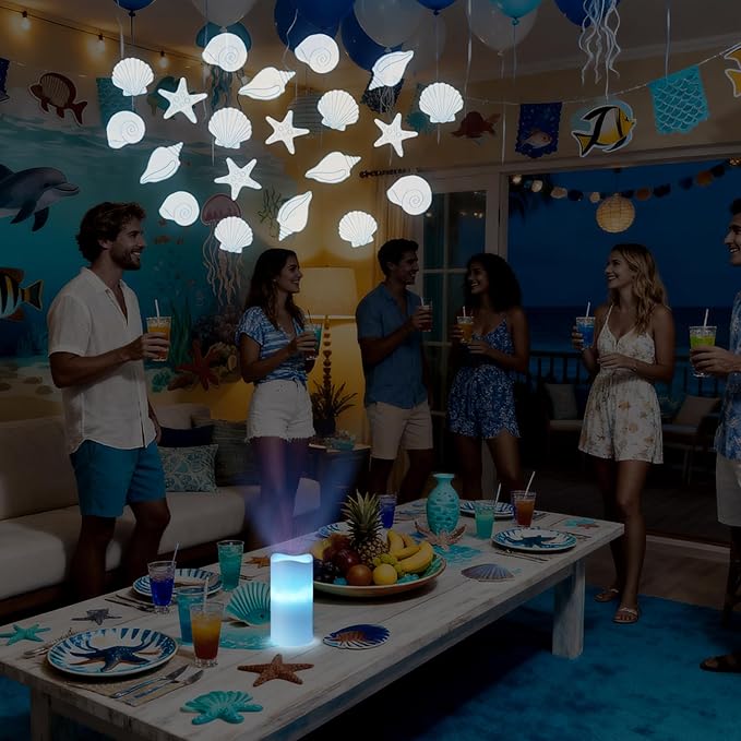 Coastal Ocean Flameless Candle Projector Light Decor Summer Seashell LED Candle Battery Operated Night Light with Remote Timer for Wedding Seaside Beach Coastal Bachelorette Birthday Room Decoration