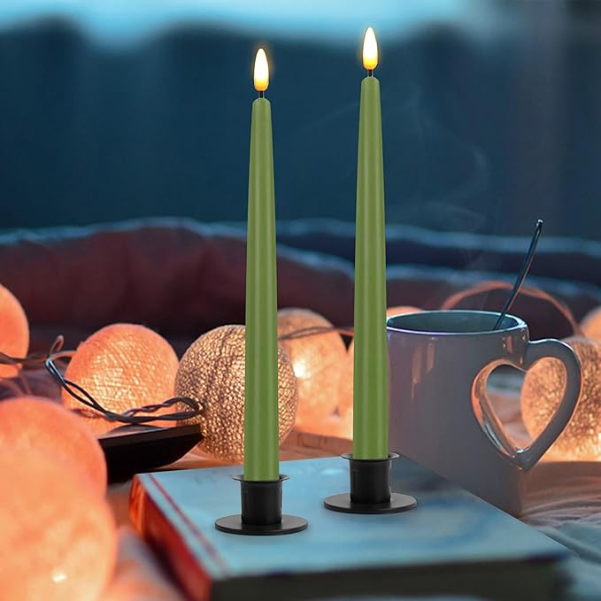 CVHOMEDECO. Flameless Taper Candles with 10-Key Remote, Battery Operated Led Flickering 3D Wick Window Candles Real Wax Finished Home Christmas Party Decor 0.78 x 11 Inch, Pack of 2, Sage Green