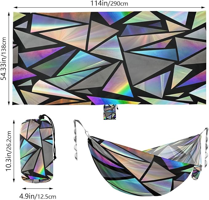 Iridescent Triangles Camping Hammock, Portable Lightweight Single Hammock with Tree Straps and Aluminum Carabiners, 114" x 54" Travel Hammock for Hiking Backpacking Beach