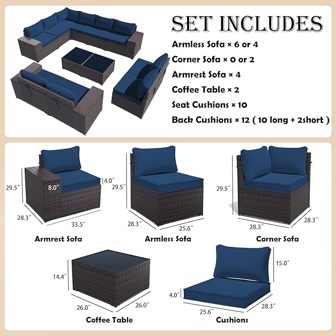 Gotland 12 Pieces Patio Furniture Set, Wicker Outdoor Sectional with Wide Armrests 29.5'' High Backrest 4'' Thick Waterproof Cushions, Oversized Patio Furniture for Deck Garden Navy