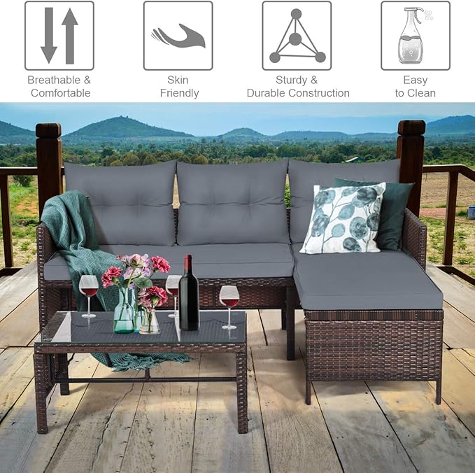 DORTALA 3 Piece Wicker Patio Furniture Set, PE Rattan Outdoor Sectional Sofa Conversation Set with Loveseat, Lounge and Tempered Glass Coffee Table for Garden Lawn Deck (Grey)