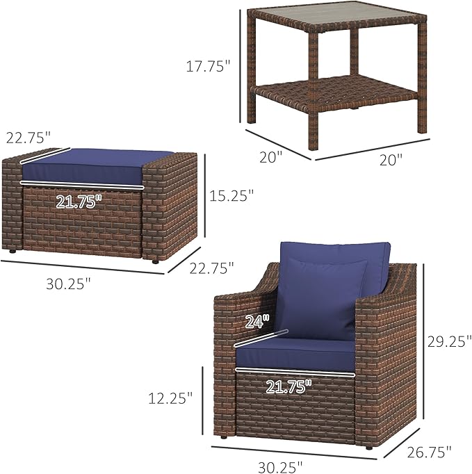 Outsunny 5 Piece Patio Furniture Set, All Weather PE Rattan Conversation Chair, and Ottoman Set with Coffee Table, Cushions & Pillows Included for Balcony, Porch, Deck, Pool, Lawn, Dark Blue