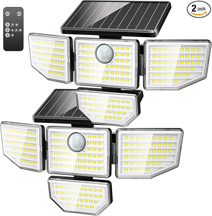 Adewalk Outdoor Solar Light - Upgrade 3000LM 188 LED Motion Sensor for 4 Heads IP65 Waterproof Powered Switch Control Darkroom Backyard Outside Security